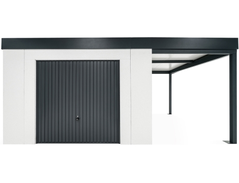 GARDEON® Gartenhaus mit sicherer Garagentür von Hörmann und überdachtem Bereich